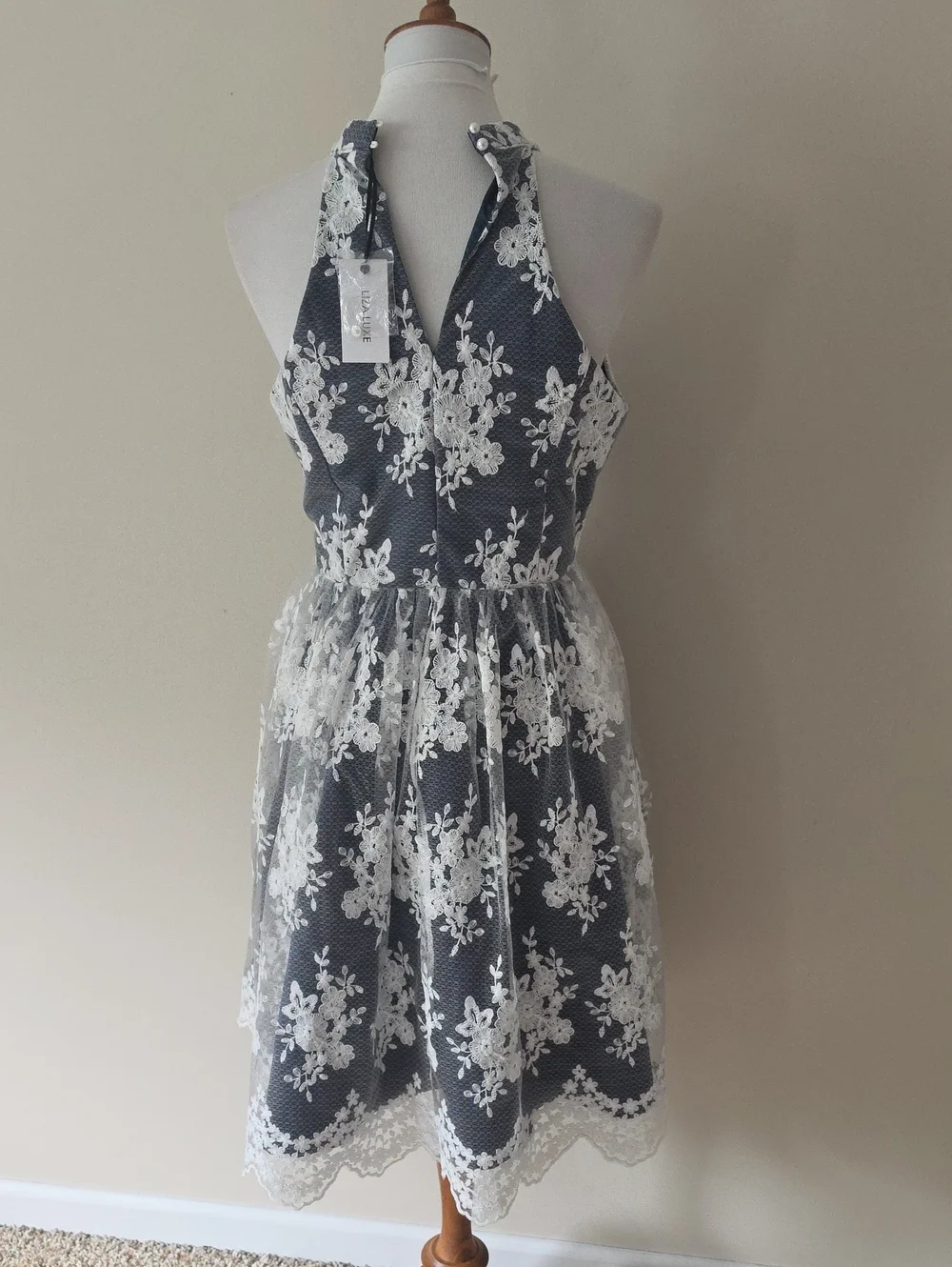 Liza Luxe Navy and White Lace Halter Fit-and-Flare Dress Brand New